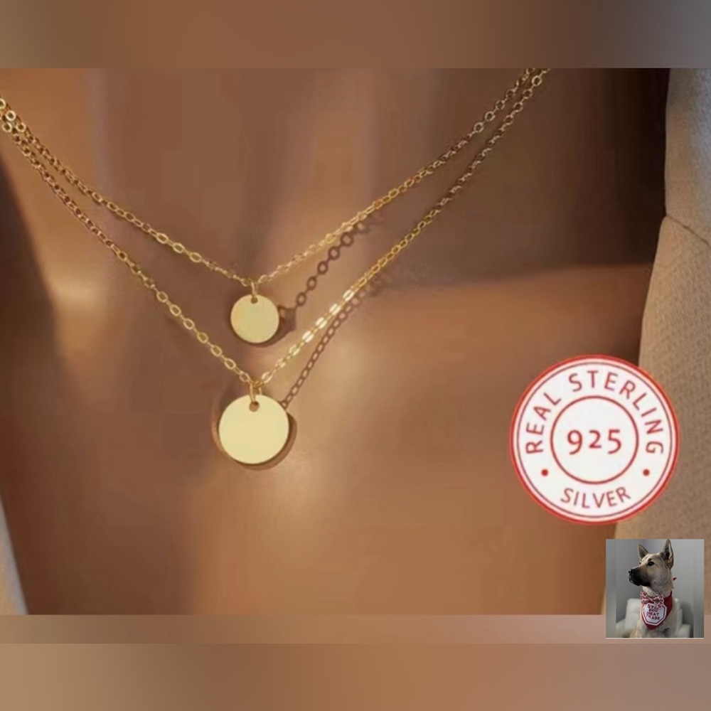 NECKLACE 925 STERLING SILVER 18K GOLD PLATED PENDENT DISCS 16” BRIDAL